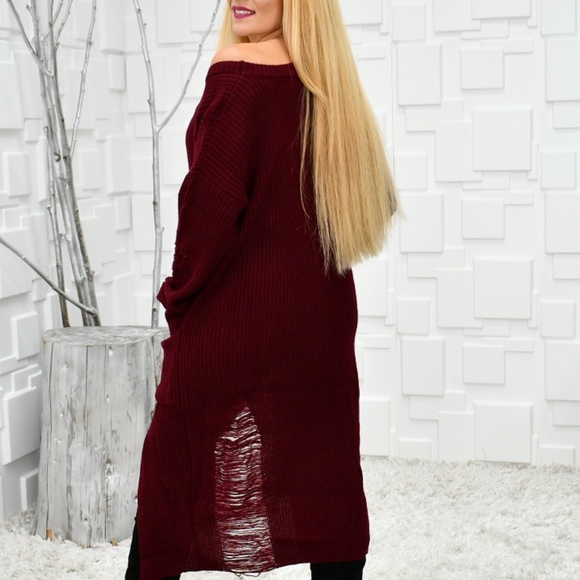 BRITNEY Burgundy Distressed Sweater - Picture 3 of 3